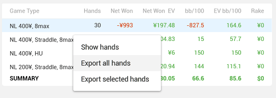 Export hands from Reports